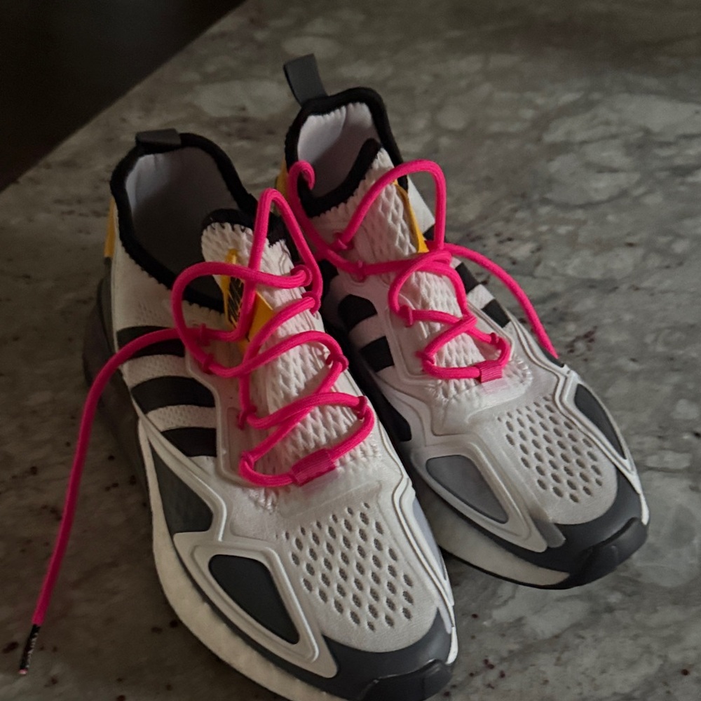 Adidas “ninja” y2k boost shoes White and Black Shoes with Neon Pink Laces